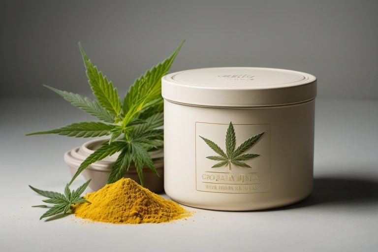Imagen de una caja cerrada con una hoja de marihuana grabada en la tapa y un bote transparente, junto a polvo de kifi de tonos verdosos a amarillos, sobre un fondo blanco.