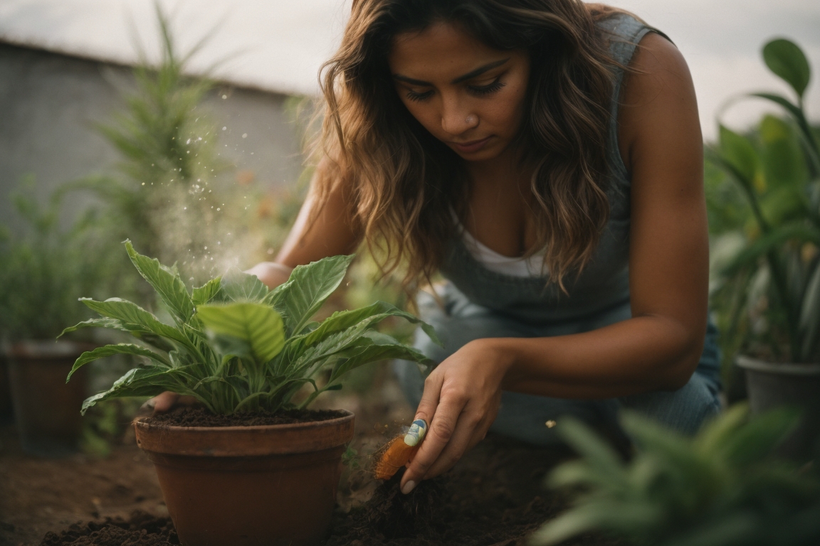 Mujer joven aplicando quelato de hierro a plantas verdes en su jardín para prevenir la clorosis y promover un crecimiento saludable.