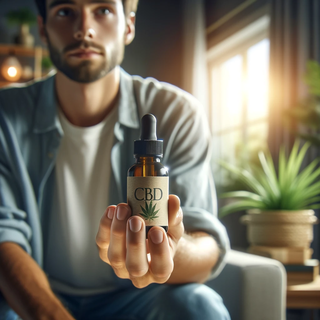 Persona relajada sosteniendo una botella de aceite de CBD en una sala de estar tranquila, rodeada de plantas y luz suave, evocando serenidad y bienestar.