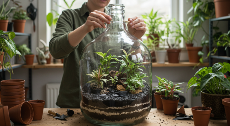 Manos ensamblando un jardín en una botella de vidrio grande, rodeado de macetas y herramientas en un espacio lleno de plantas.