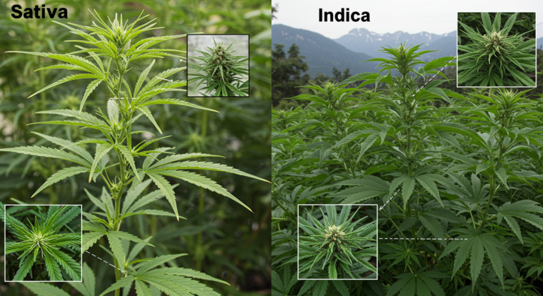 Imagen comparativa de plantas de cannabis Sativa e Índica. La planta Sativa es alta con hojas largas y estrechas, mientras que la planta Índica es compacta con hojas anchas y redondeadas.