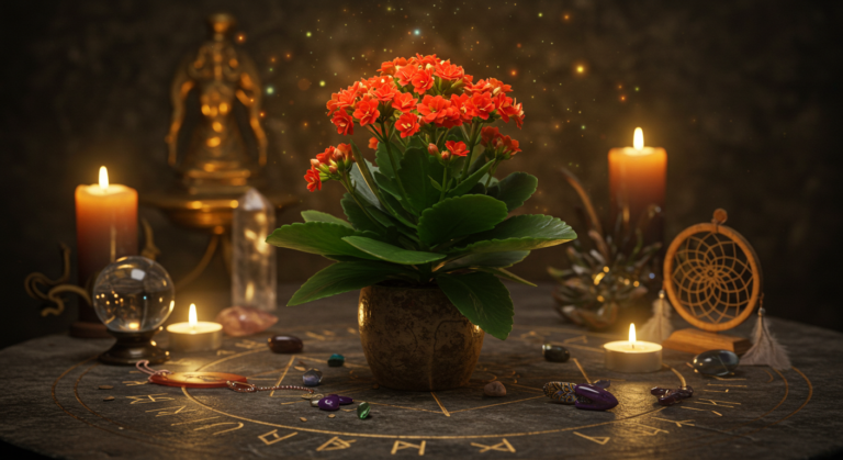 Kalanchoe con flores rojas y hojas verdes en un ambiente esotérico, acompañado de cristales, runas grabadas en una mesa, velas encendidas y un atrapasueños. La escena transmite magia, protección y energía positiva.