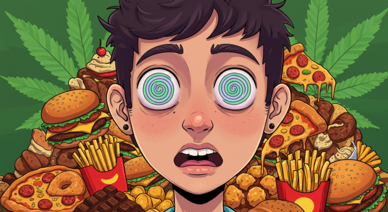 Ilustración de una persona con ojos hipnotizados, rodeada de comida chatarra y hojas de cannabis, simbolizando los munchies.