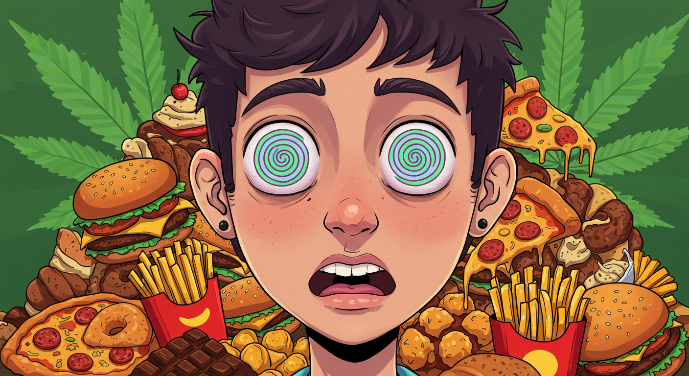 Ilustración de una persona con ojos hipnotizados, rodeada de comida chatarra y hojas de cannabis, simbolizando los munchies.