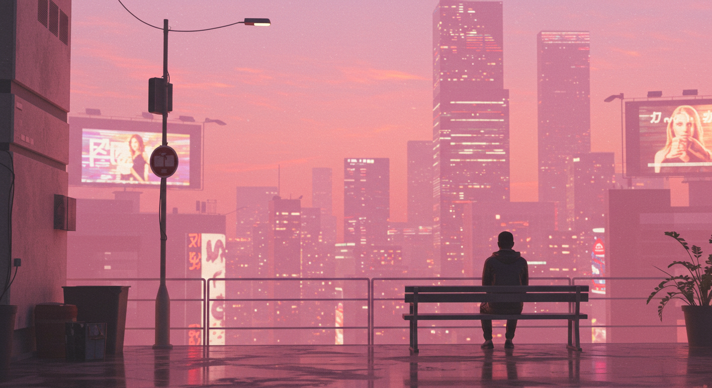 Paisaje urbano y futurista cálido inspirado en la película Her