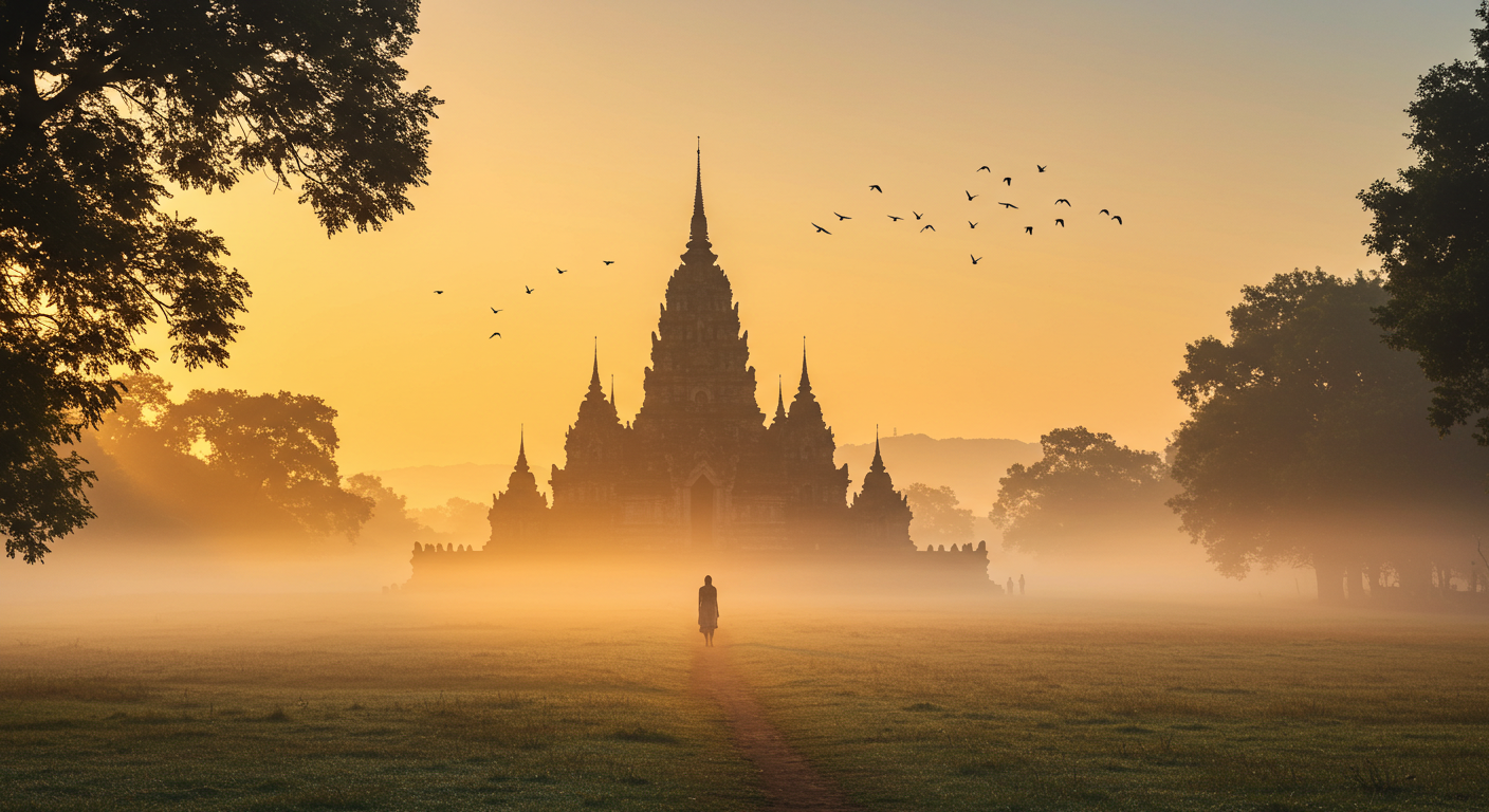Templo espiritual al amanecer inspirado en la película Baraka