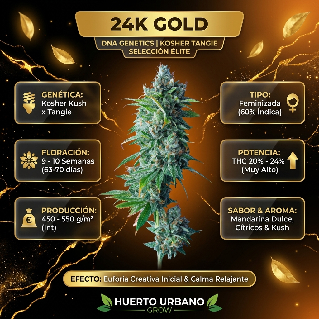Infografía botánica oficial de 24K Gold Kosher Tangie de DNA Genetics con datos técnicos de floración, potencia THC y cruce Kosher Kush x Tangie