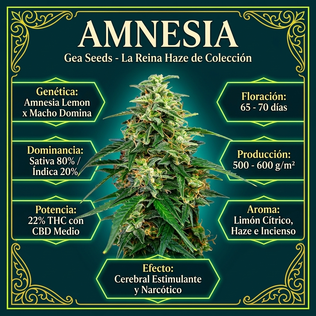 Infografía botánica y técnica de semillas Amnesia Gea Seeds