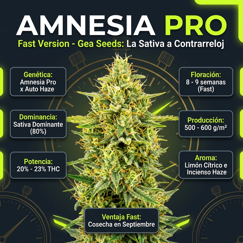 Infografía con características, potencia de 23% THC, floración y terpenos de Amnesia Pro Fast Version de Gea Seeds