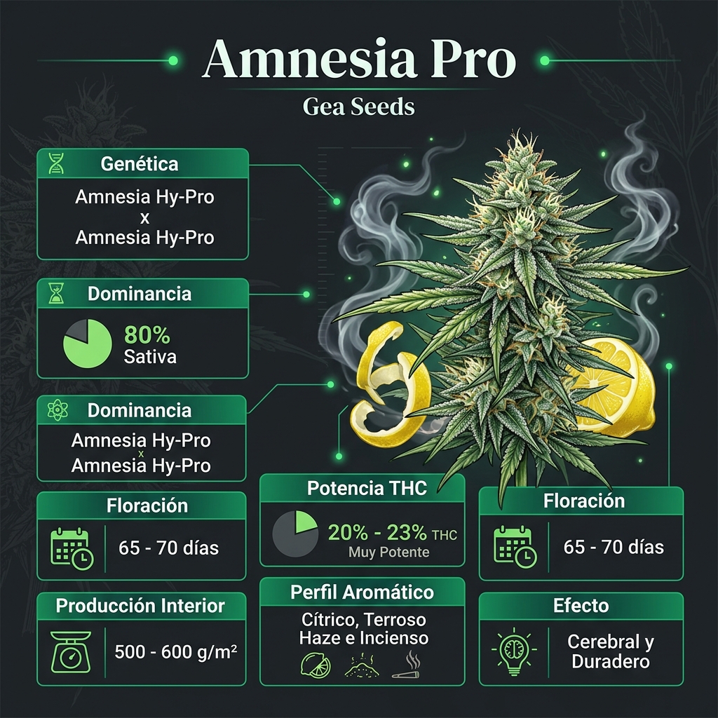 Infografía Técnica Amnesia Pro Gea Seeds en Español - Huerto Urbano Grow