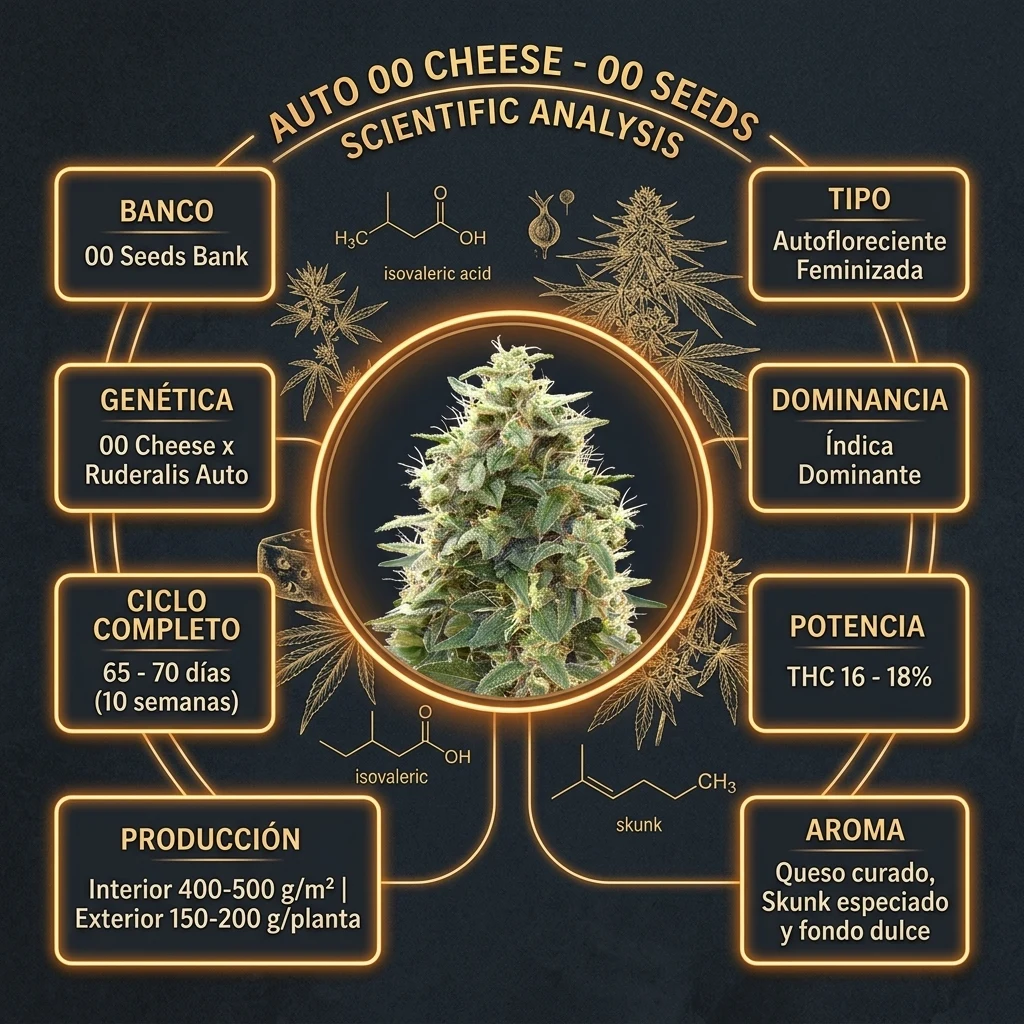 Infografía oficial de Auto 00 Cheese de 00 Seeds en Huerto Urbano Grow