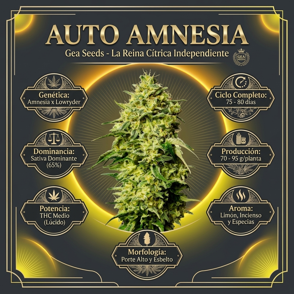 Infografía botánica y técnica de semillas Auto Amnesia de Gea Seeds