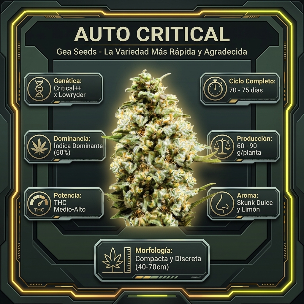 Infografía botánica y técnica de semillas Auto Critical de Gea Seeds