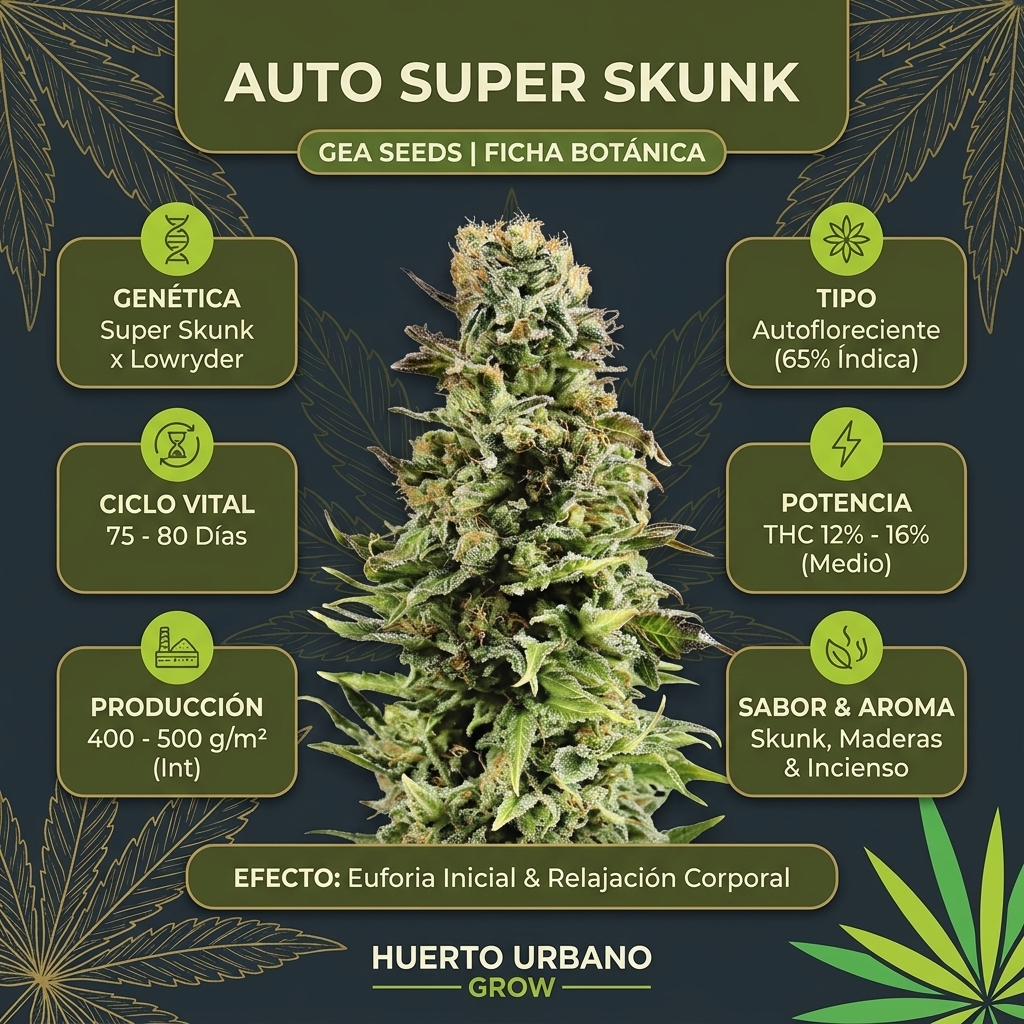 Infografía botánica y técnica de Auto Super Skunk de Gea Seeds
