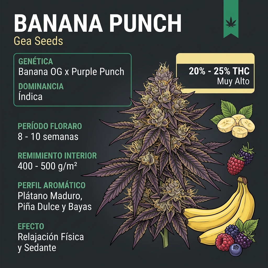 Infografía Técnica Banana Punch Gea Seeds en Español - Huerto Urbano Grow