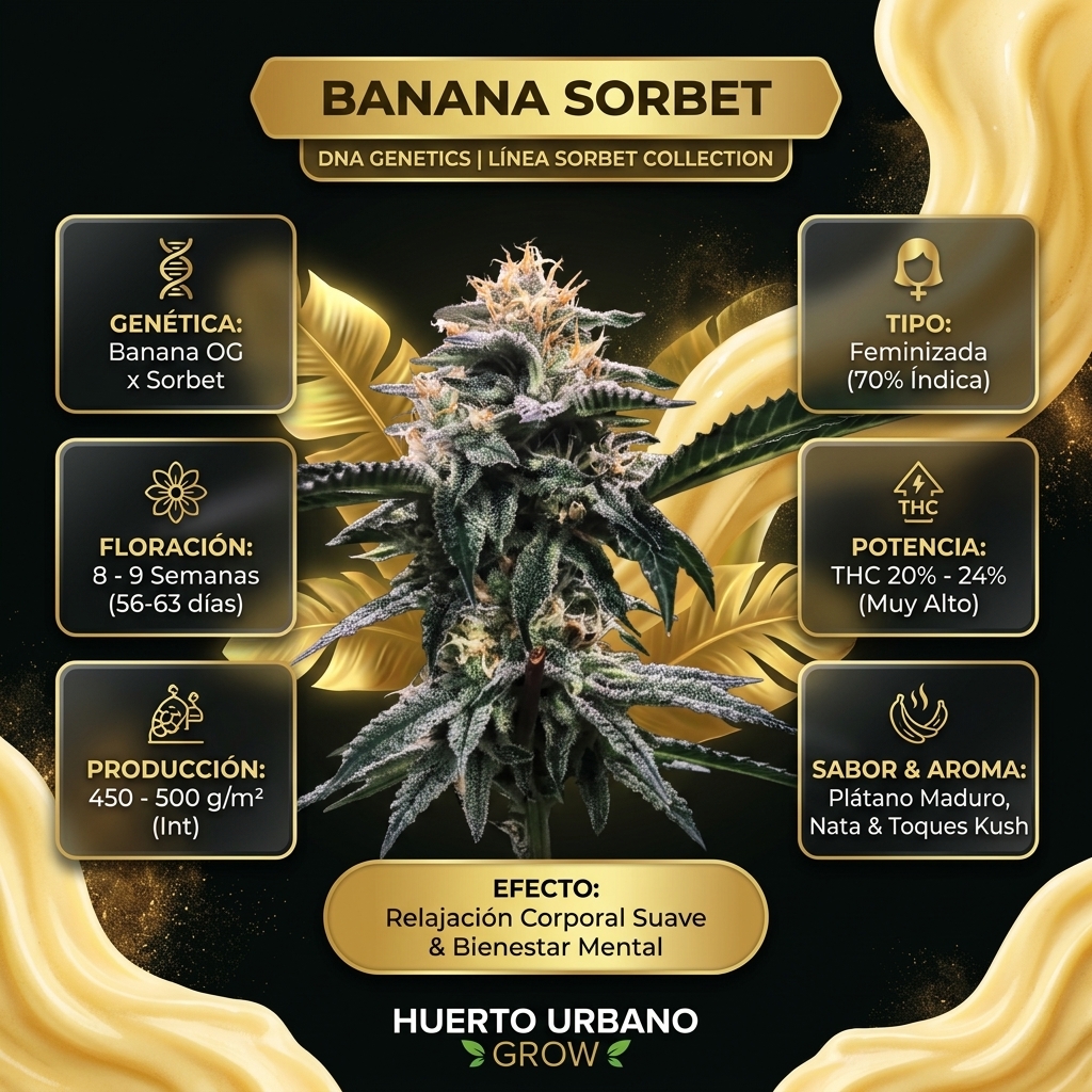 Infografía botánica oficial de Banana Sorbet de DNA Genetics con datos técnicos de floración, potencia THC y cruce Banana OG x Sorbet