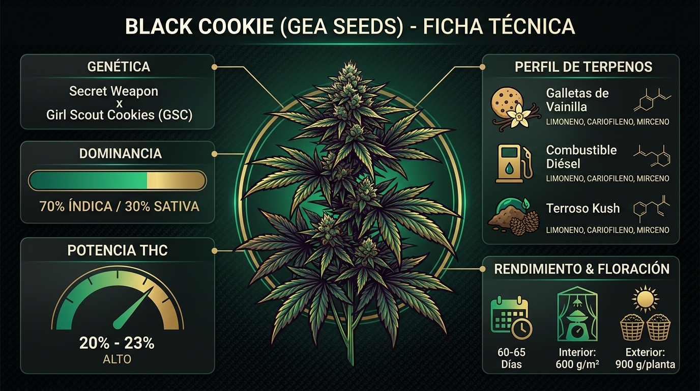 Infografía con características, potencia de THC, floración y terpenos de la variedad Black Cookie de Gea Seeds