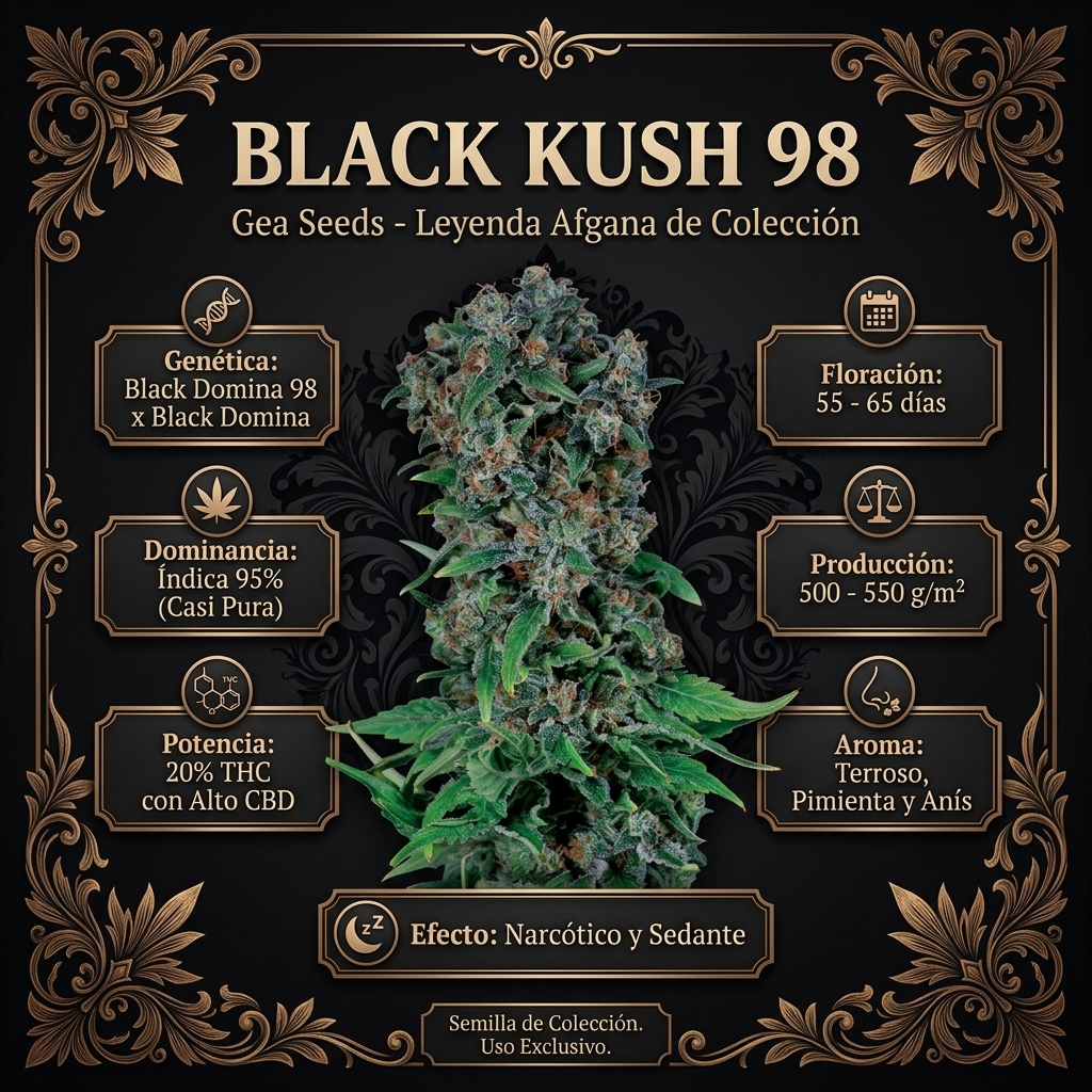 Infografía botánica y técnica de semillas Black Kush 98 Gea Seeds