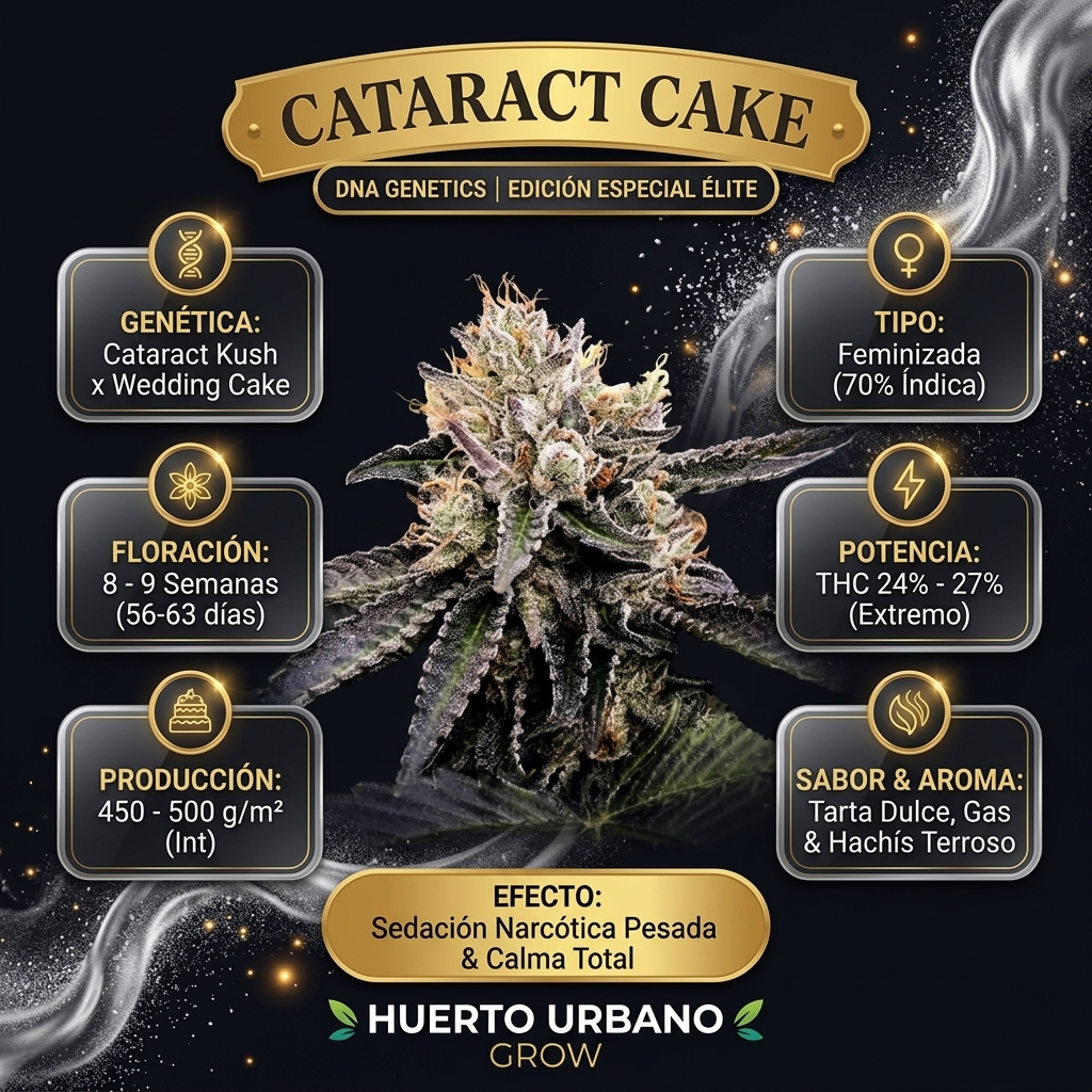 Infografía botánica oficial de Cataract Cake de DNA Genetics con datos técnicos de floración, potencia THC y cruce Cataract Kush x Wedding Cake