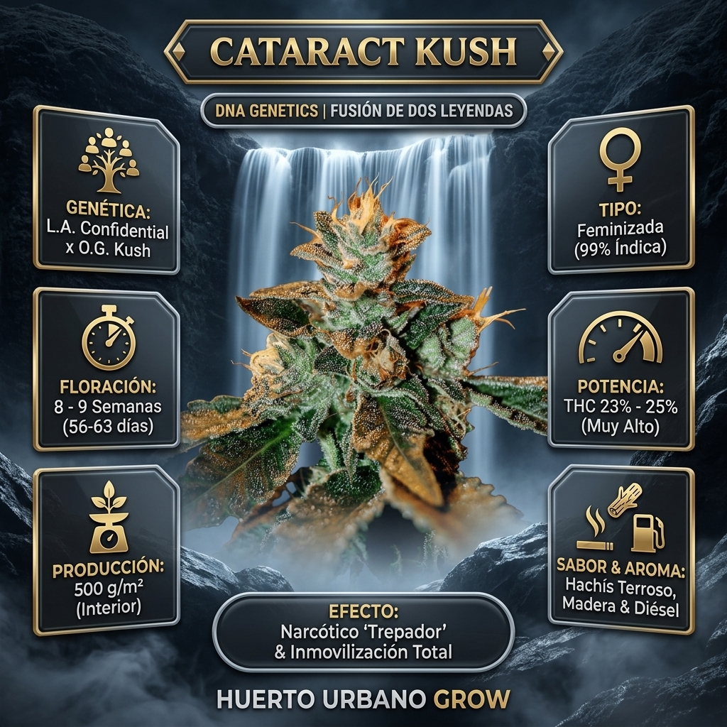 Infografía botánica oficial de Cataract Kush de DNA Genetics con datos técnicos de floración, potencia THC y cruce LA Confidential x OG Kush