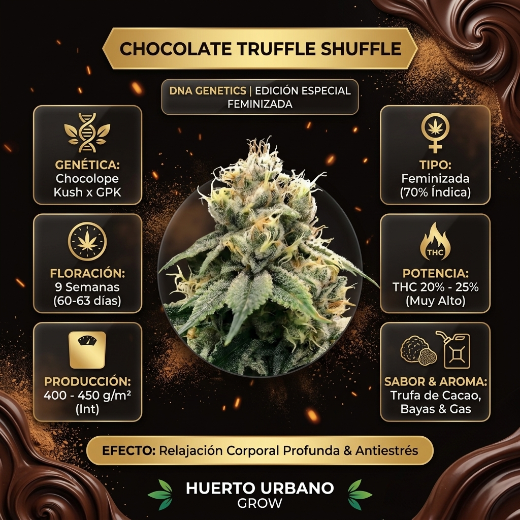 Infografía botánica oficial de Chocolate Truffle Shuffle de DNA Genetics con datos técnicos de floración de 9 semanas, THC 20-25% y perfil de trufa de cacao