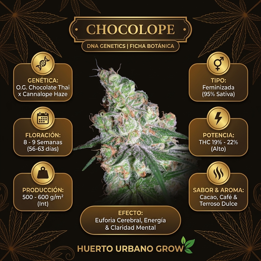 Infografía botánica oficial de Chocolope de DNA Genetics con datos técnicos de floración de 8-9 semanas, THC 19-22% y perfil de cacao y café