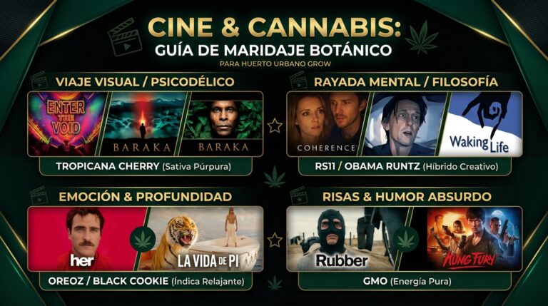 Infografía guía de maridaje de cine y cannabis: películas recomendadas para ver fumado según el tipo de efecto y variedad