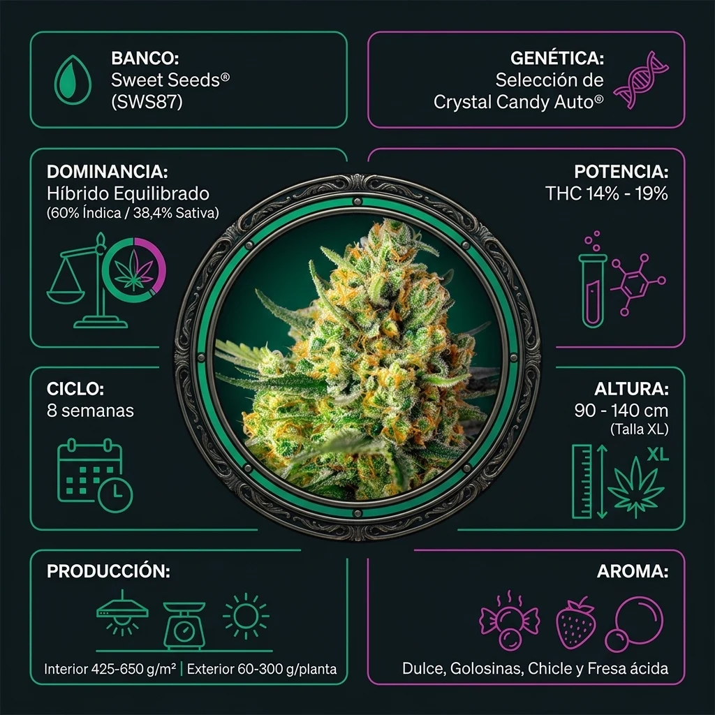 Infografía HUG de Crystal Candy XL Auto de Sweet Seeds con genética, THC, altura, producción y ciclo
