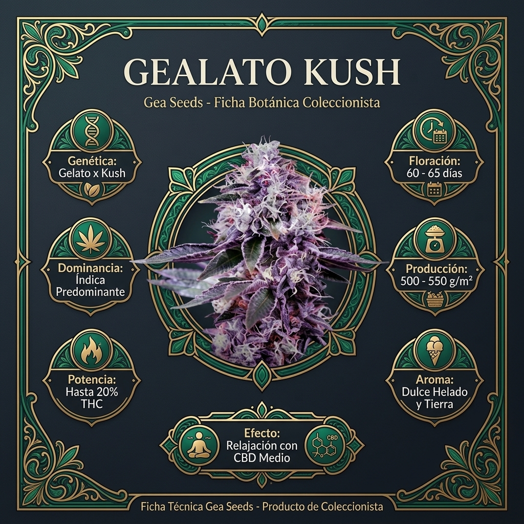 Infografía botánica y técnica de semillas Gealato Kush Gea Seeds