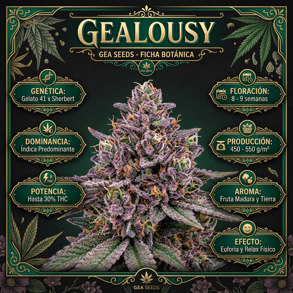 Infografía botánica y técnica de semillas Gealousy Gea Seeds