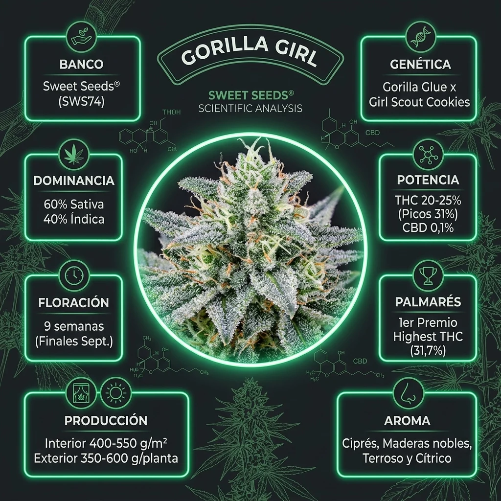 Infografía oficial de Gorilla Girl Sweet Seeds en Huerto Urbano Grow