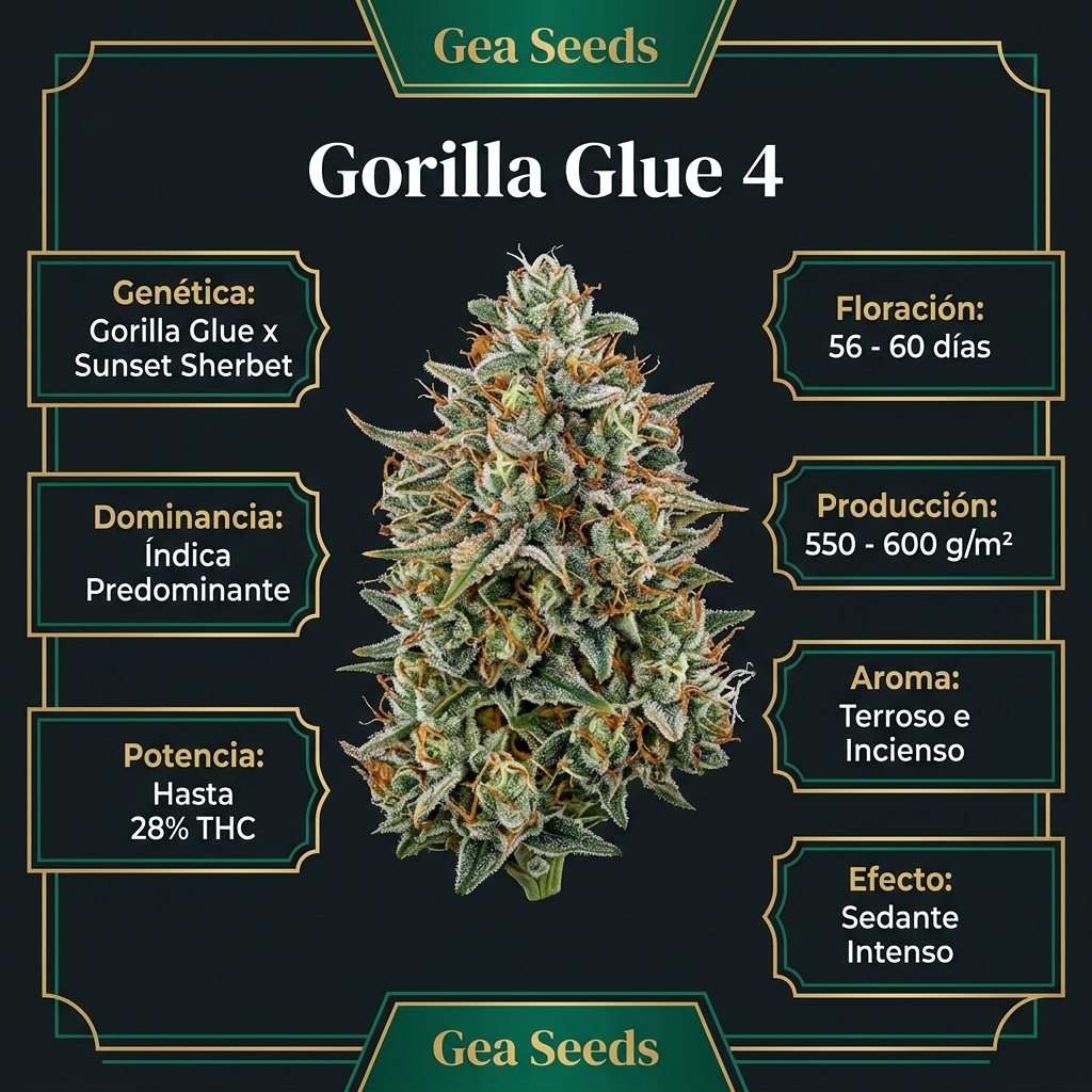 Infografía botánica y técnica de Gorilla Glue 4 Gea Seeds