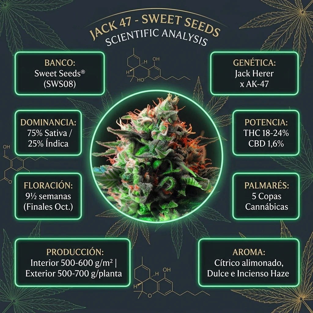 Infografía oficial de Jack 47 Sweet Seeds en Huerto Urbano Grow