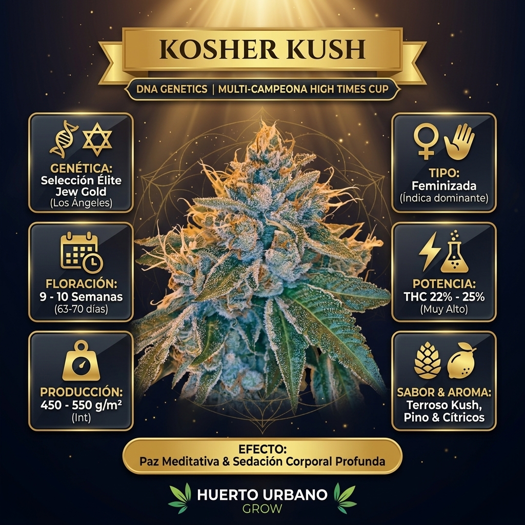 Infografía botánica oficial de Kosher Kush de DNA Genetics con datos técnicos de floración, potencia THC y linaje Jew Gold