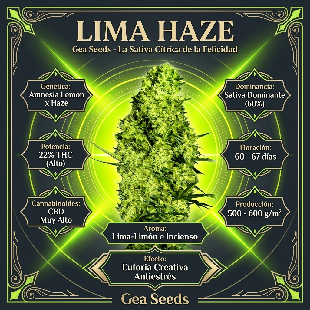 Infografía botánica y técnica de semillas Lima Haze de Gea Seeds