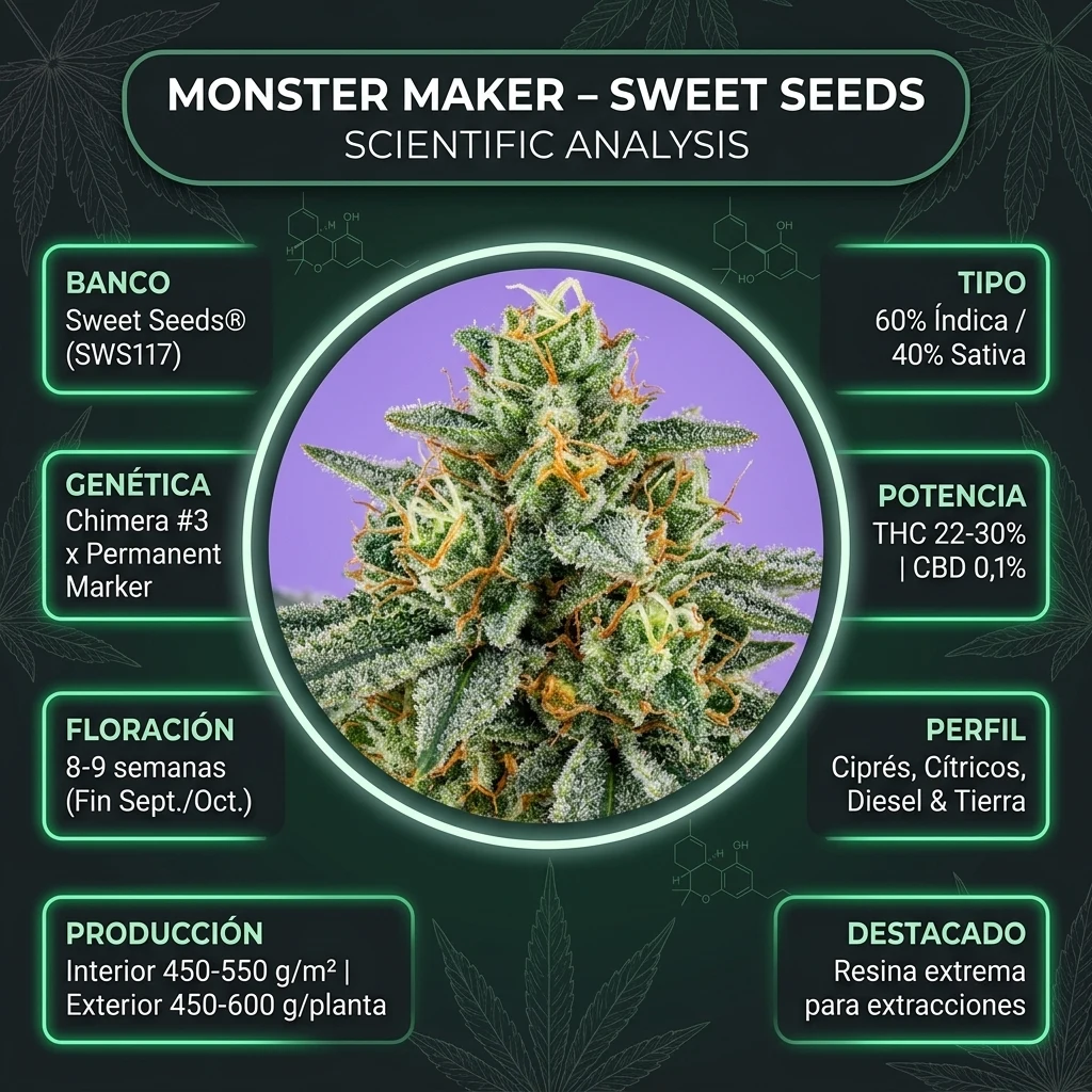 Infografía oficial de Monster Maker Sweet Seeds en Huerto Urbano Grow