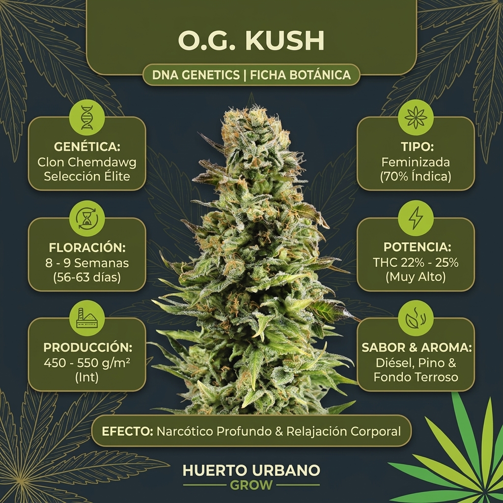 Infografía botánica y perfil técnico de O.G. Kush Reserva Privada DNA Genetics con cogollo real y métricas de THC y terpenos