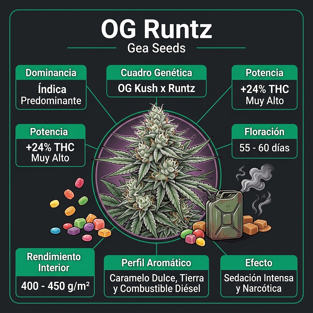 Infografía Técnica OG Runtz Gea Seeds en Español - Huerto Urbano Grow