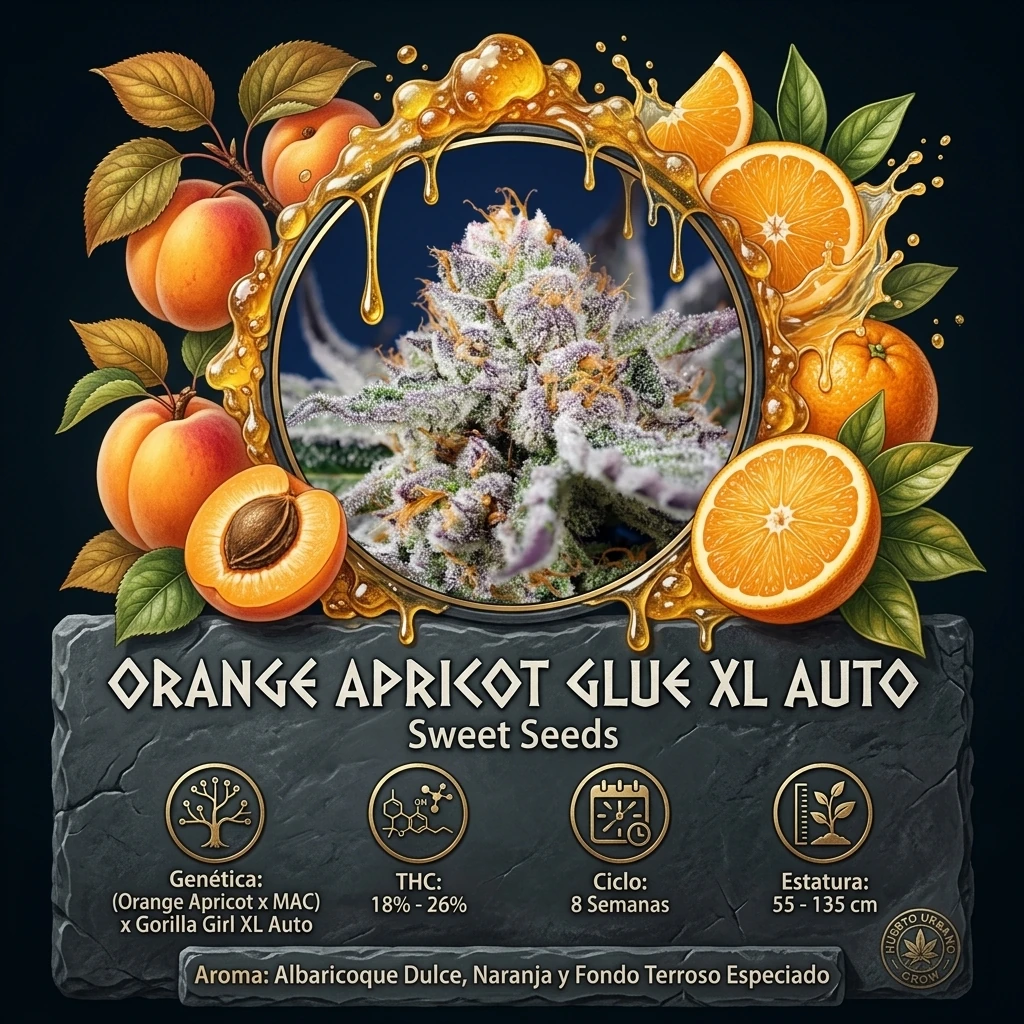 Infografía botánica oficial de Orange Apricot Glue XL Auto de Sweet Seeds con datos técnicos de floración, potencia THC y cruce Orange Apricot x MAC x Gorilla Girl XL Auto
