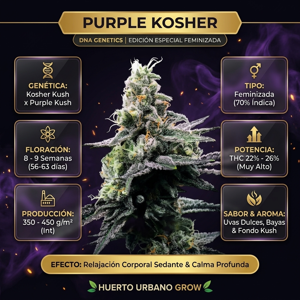Infografía botánica oficial de Purple Kosher de DNA Genetics con datos técnicos de floración de 8-9 semanas, THC 22-26% y perfil de uvas dulces y fondo Kush