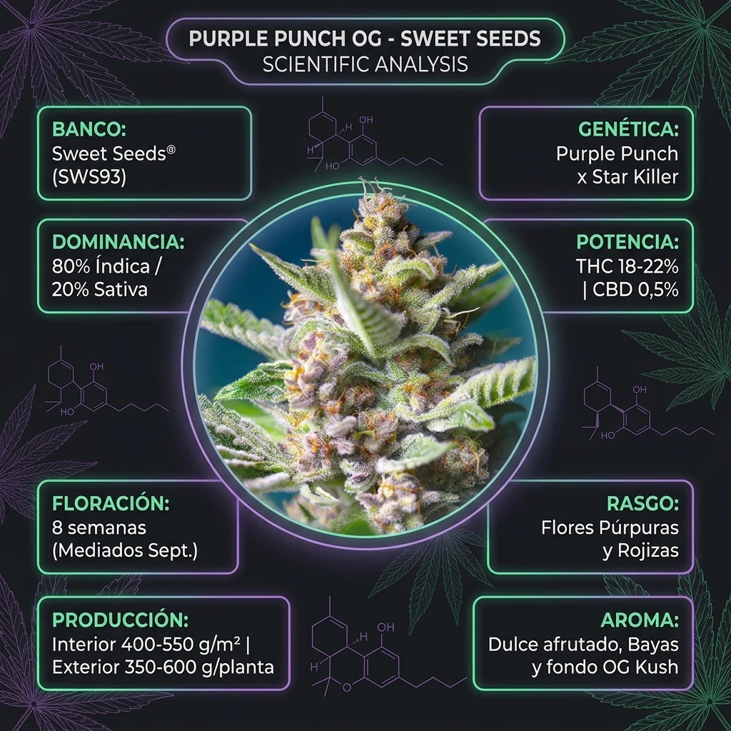 Infografía oficial de Purple Punch OG Sweet Seeds en Huerto Urbano Grow