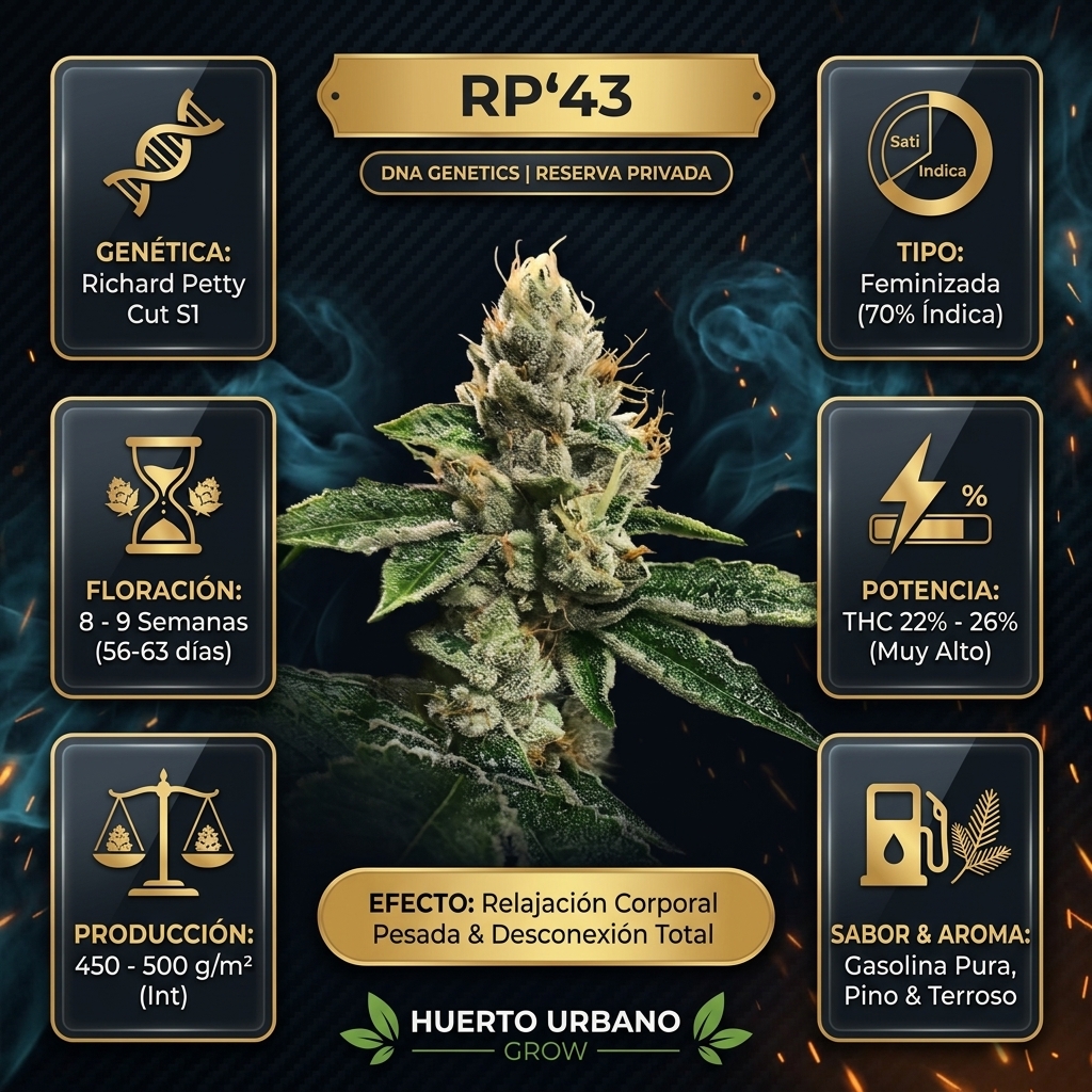 Infografía botánica oficial de RP'43 de DNA Genetics Reserva Privada con floración de 8-9 semanas, THC 22-26% y perfil de gasolina pura y pino