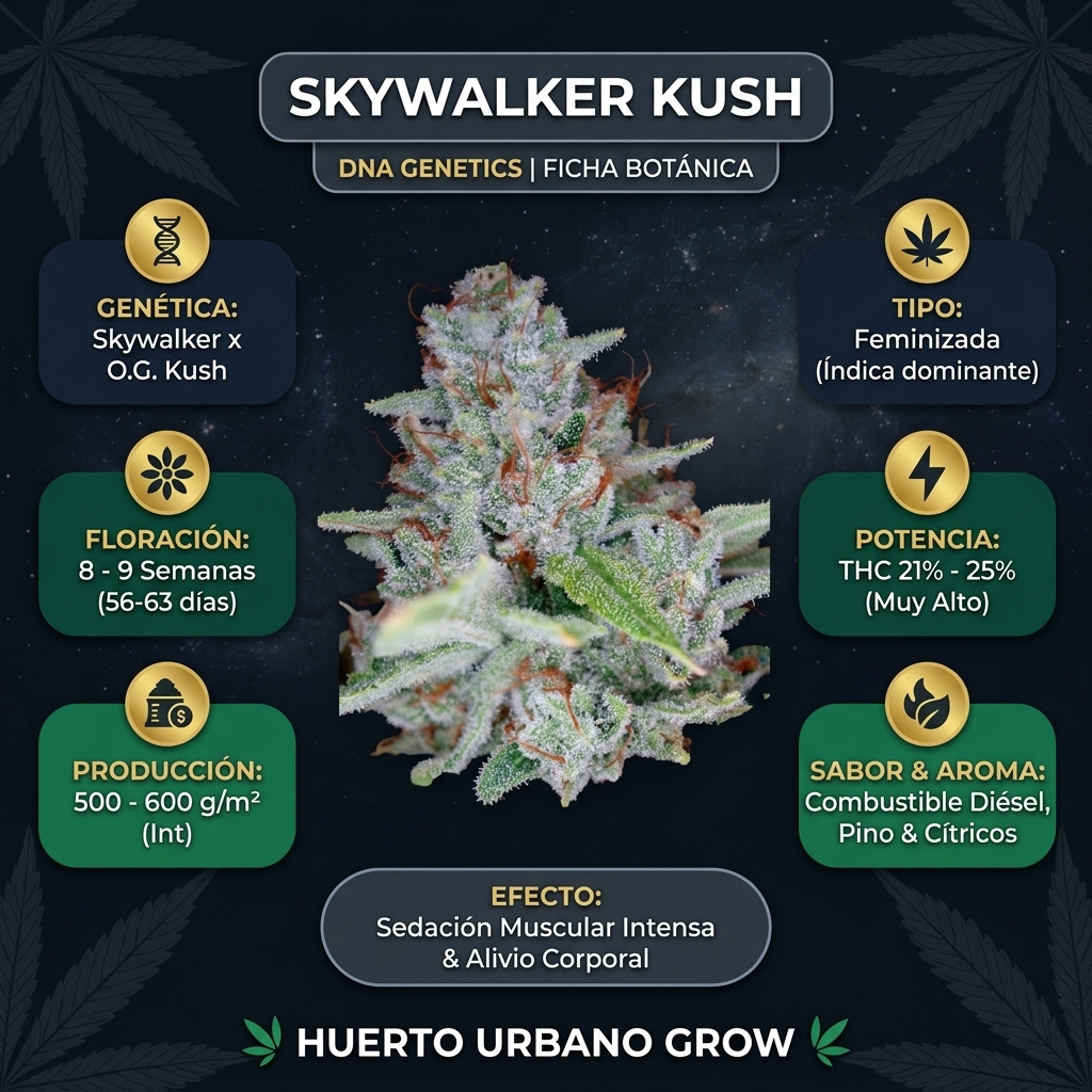 Infografía botánica oficial de Skywalker Kush de DNA Genetics con datos técnicos de floración, potencia THC y cruce Skywalker x OG Kush