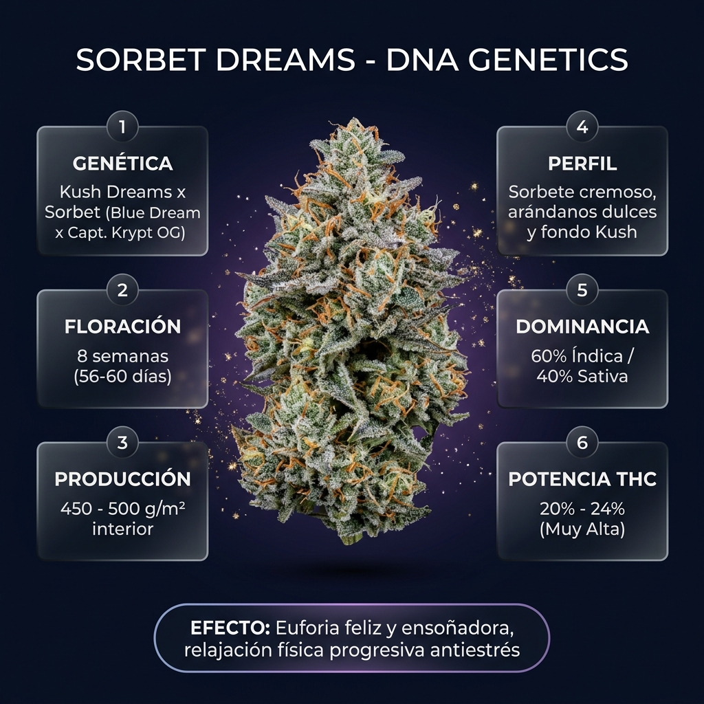Infografía botánica y técnica de Sorbet Dreams DNA Genetics