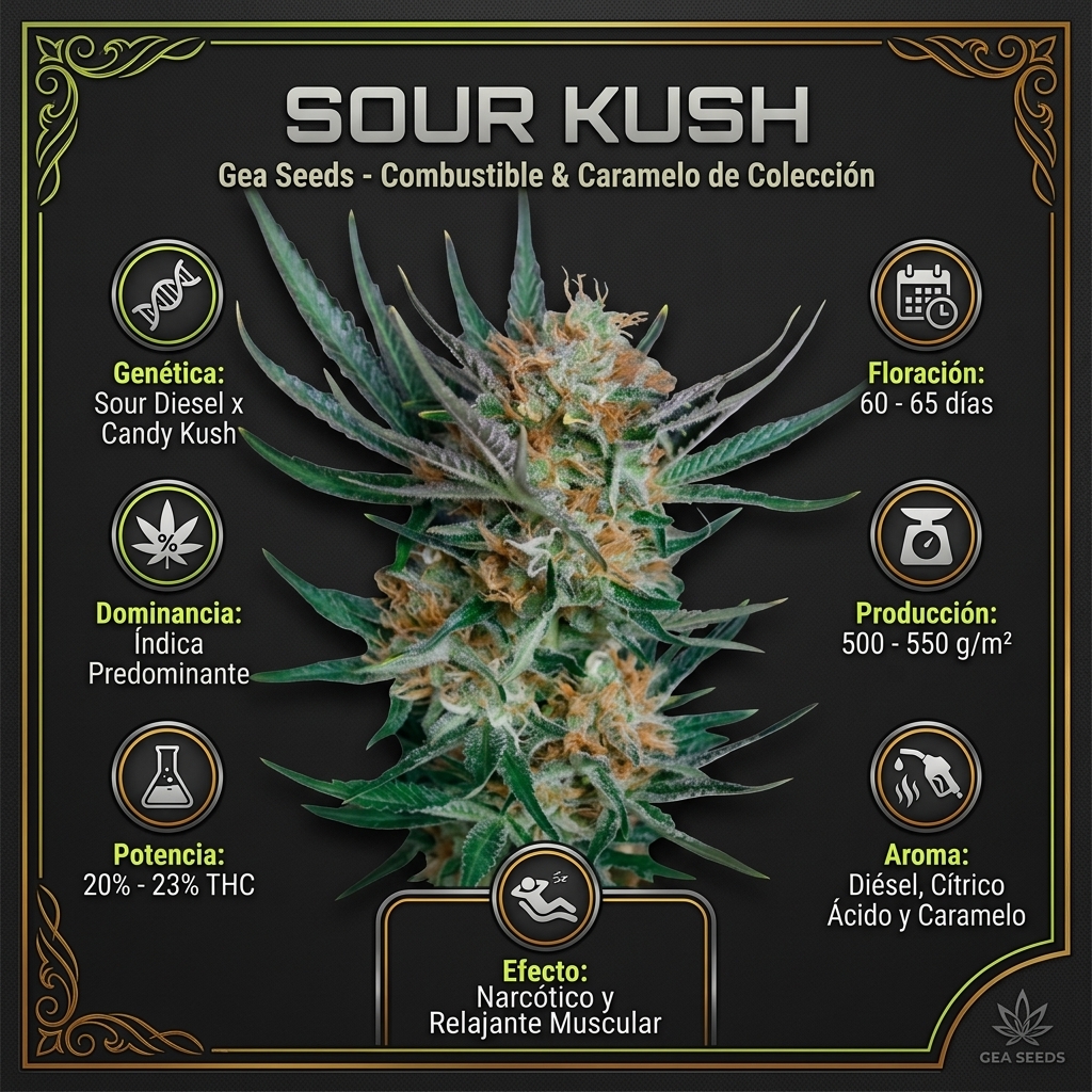 Infografía botánica y técnica de semillas Sour Kush Gea Seeds