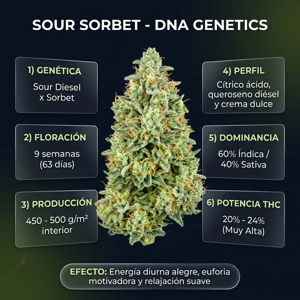Infografía botánica y técnica de Sour Sorbet DNA Genetics