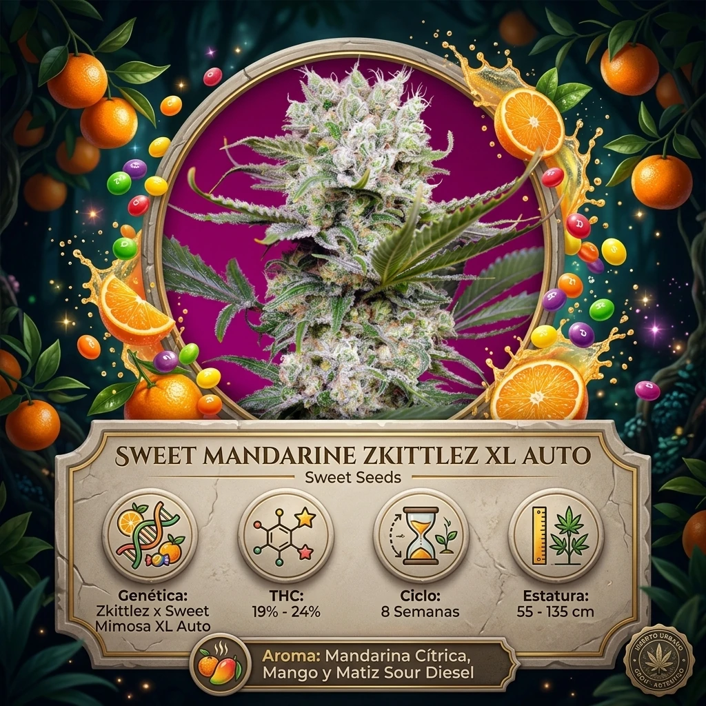 Infografía botánica oficial de Sweet Mandarine Zkittlez XL Auto de Sweet Seeds con datos técnicos de floración, potencia THC y cruce Zkittlez x Sweet Mimosa XL Auto