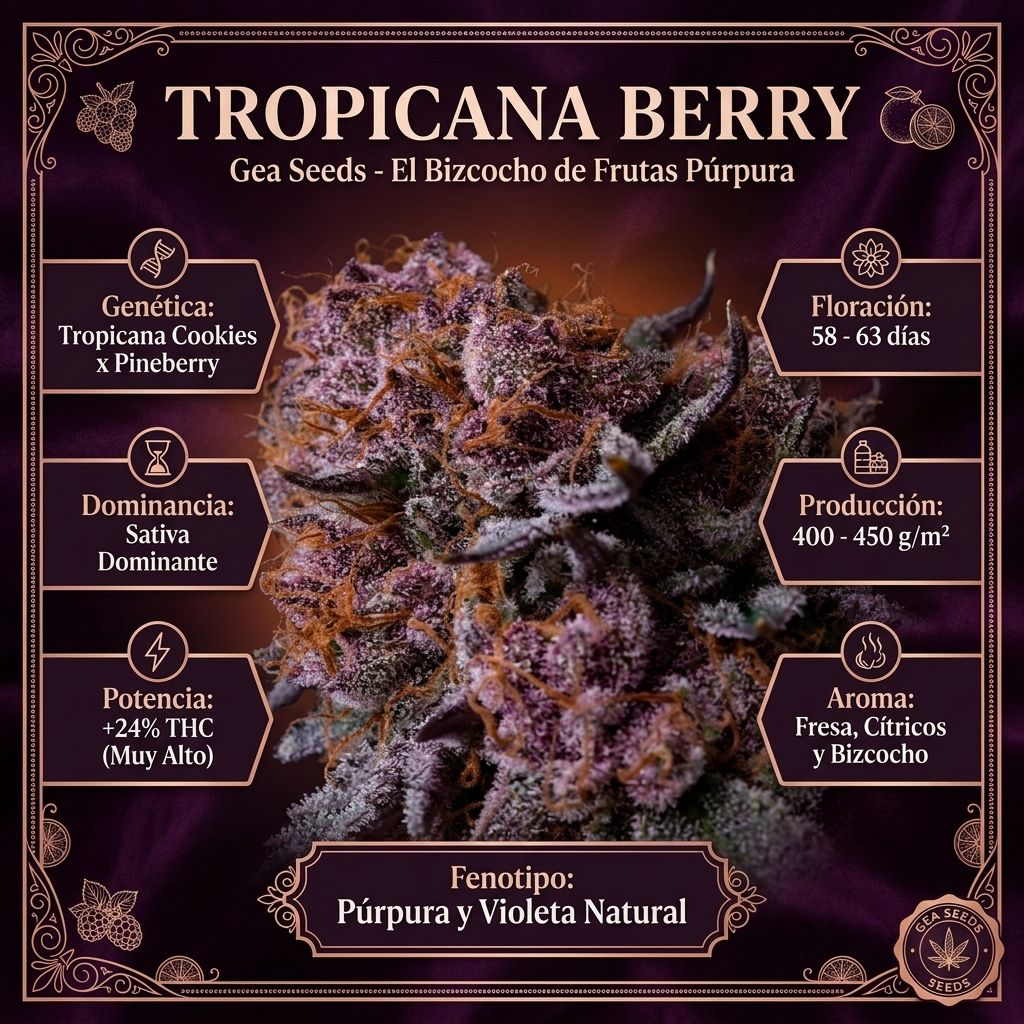 Infografía botánica y técnica de semillas Tropicana Berry de Gea Seeds