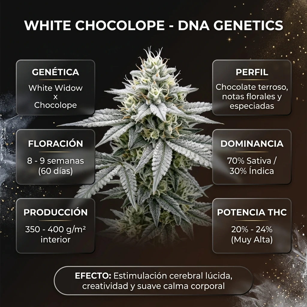 Infografía botánica y técnica de White Chocolope DNA Genetics