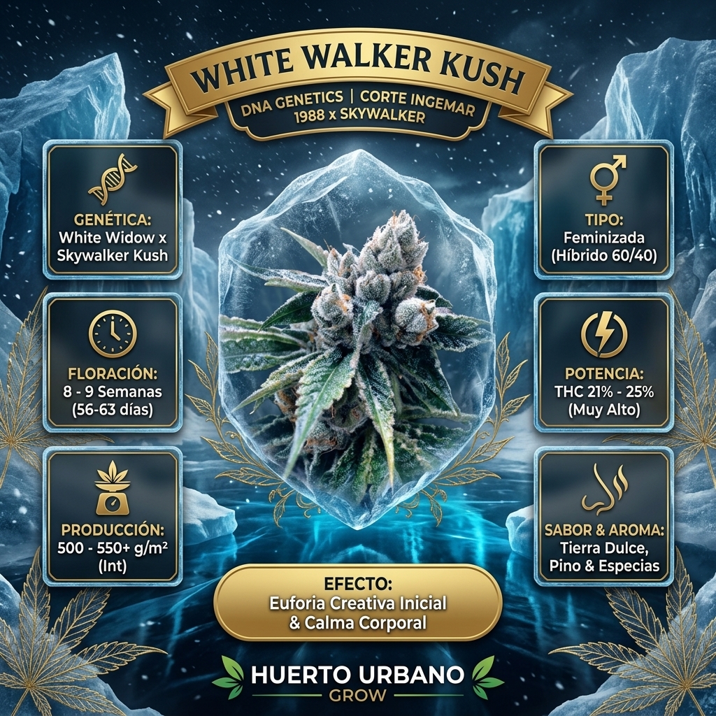 Infografía botánica oficial de White Walker Kush de DNA Genetics con datos técnicos de floración, potencia THC y cruce White Widow Ingemar x Skywalker Kush